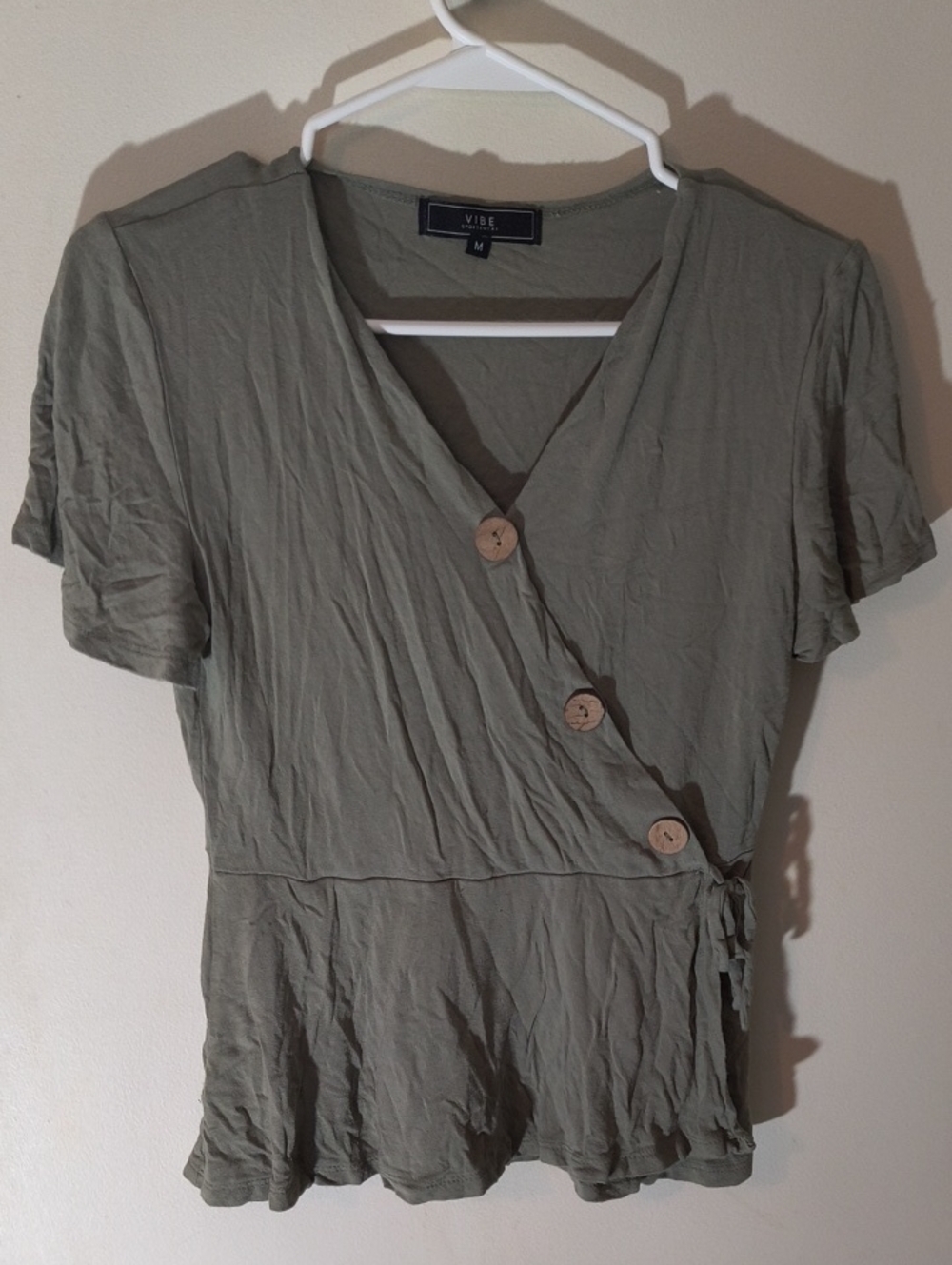 Vibe Olive Green Short-Sleeve Wrap Blouse with Wooden Buttons